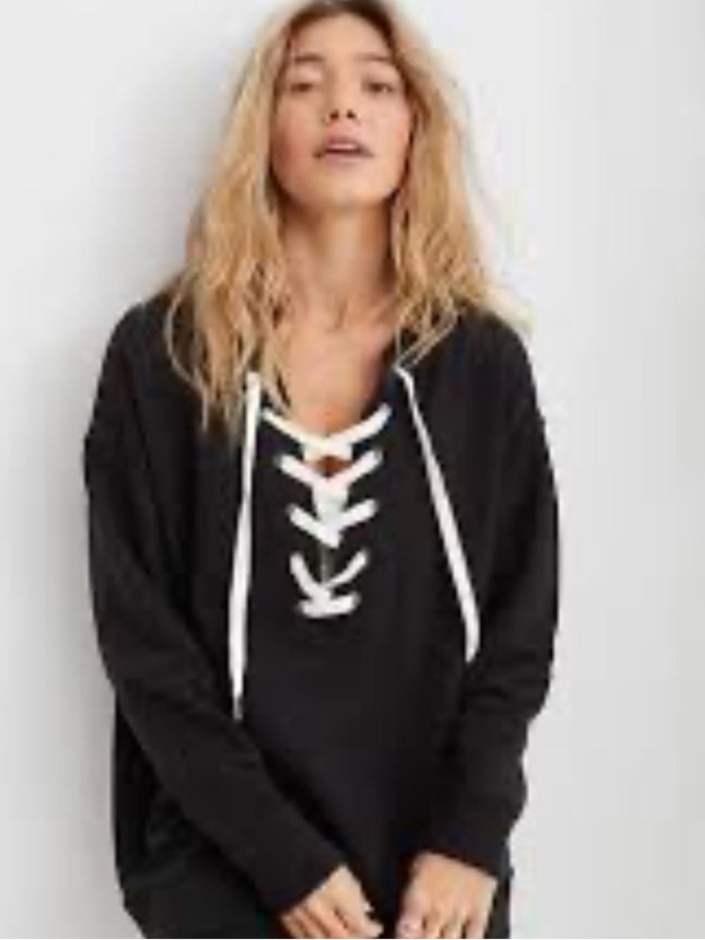aerie Lace-Up V-Neck Women's Top S Small Black EUC 100% Cotton Terry